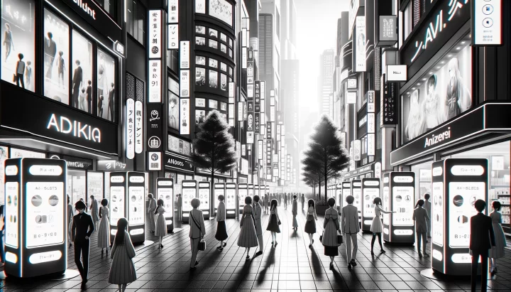 Wide photo of a monochrome city street bustling with activity. Anime-styled pedestrians engage with interactive kiosks that use AI to offer personalized product recommendations, all illuminated with red neon lights.