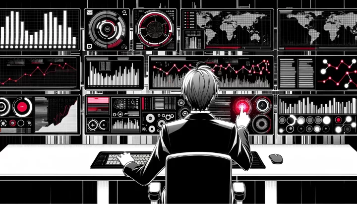 Wide illustration of an anime financial expert in a monochrome high-tech office, using AI-driven tools to project financial futures. Red highlights emphasize critical data points and predictive models on digital screens.