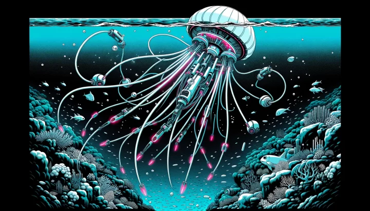 Illustration in 16:9 ratio showcasing a vast ocean expanse with a robotic jellyfish device gracefully moving through the water. Its tentacles are equipped with advanced mechanisms that attract and capture microplastics. The surrounding water is mostly monochrome, reminiscent of Sin City, but the robot device radiates striking neon colors, typical of cyberpunk aesthetics. Anime-inspired sea creatures observe the process, adding depth and detail to the scene.