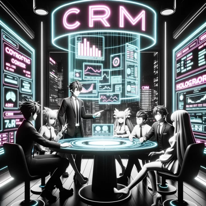 Anime-styled characters in a neon-lit room discussing around a table with a large holographic CRM interface. The setting has a Sin City monochrome palette with neon highlights, giving it a cyberpunk feel.