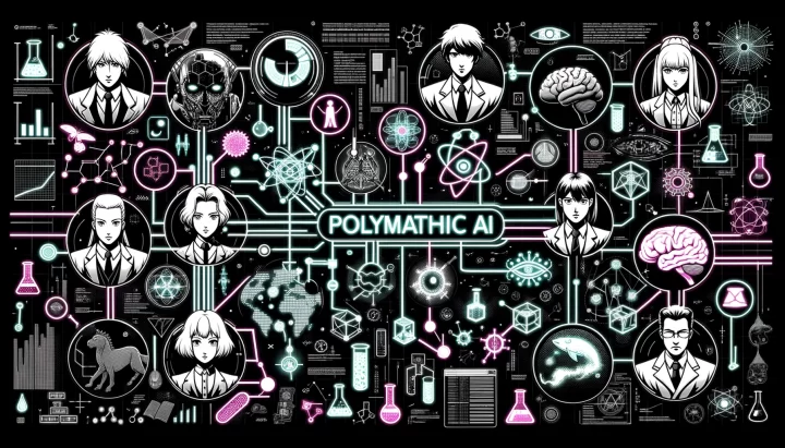 16:9 illustration that symbolically represents data exchange between various scientific fields like biology, physics, chemistry, and mathematics. Each field is depicted by unique icons and visuals, with neon lines connecting them, signifying data flow. Amidst this exchange, the term 'Polymathic AI' overlays in bold, neon typography. The backdrop is predominantly monochrome, reminiscent of Sin City, with selective neon highlights from the cyberpunk palette. Anime-style characters representing scientists from each field add depth and intrigue.
