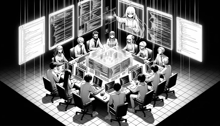 Wide photo of a group of diverse developers of various genders and descents, all engrossed in a project. They are sitting around a table with laptops, papers, and coffee mugs. One prominent laptop screen displays code. The scene is depicted in monochrome with a touch of cyberpunk aesthetics and anime-inspired characters.