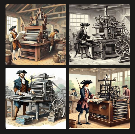 colonial printer running a printing press, illustration DALL-E 3 Bing Image Creator