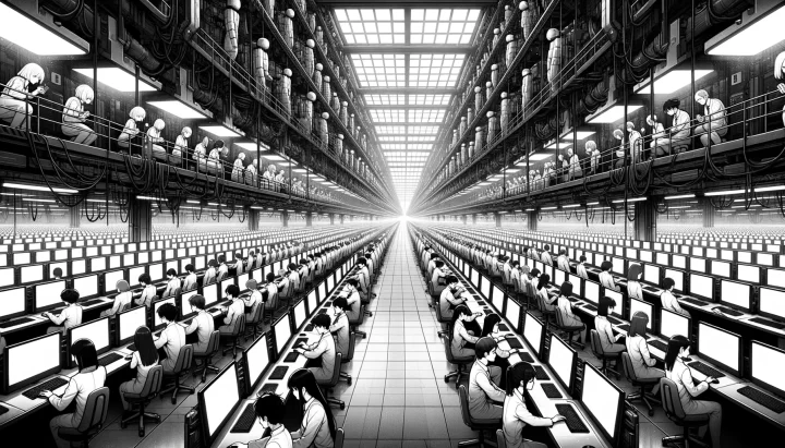 Wide illustration of a vast cyberpunk factory, all in monochrome. Anime-styled workers, diverse in gender and descent, sit in rows, intensely focused on their computer screens, highlighting the concept of cheap AI data labeling labor. The room has a gritty, industrial feel.