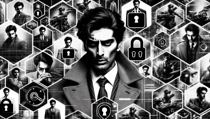 Wide photo in monochrome featuring a collage of a male Bollywood actor in various dramatic poses, reminiscent of movie roles. Overlaying these images are symbols of locks and shields, denoting protection. The entire collage is given a cyberpunk and anime touch.