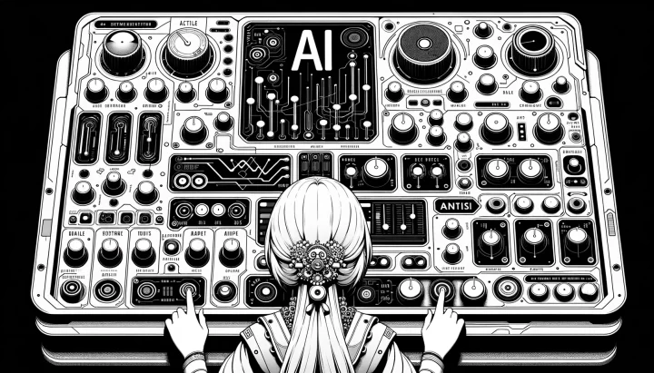Wide illustration in monochrome, showcasing an intricate AI interface in a cyberpunk setting. Anime-styled characters are seen adjusting various knobs, sliders, and switches, emphasizing the system's adaptability and customizability.