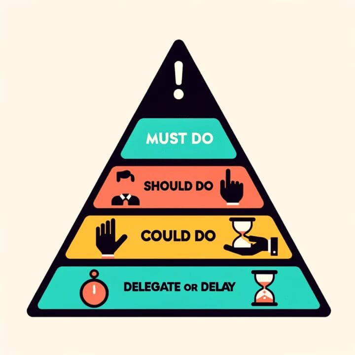 Tiered pyramid graphic detailing task prioritization. The bottom layer showcases 'Must Do' tasks with a bold exclamation mark icon. The next layer highlights 'Should Do' tasks with a pointing hand icon. The third layer represents 'Could Do' tasks with a pondering face icon. The pinnacle of the pyramid shows 'Delegate or Delay' tasks with an hourglass icon. Each level should have distinct colors to indicate priority levels. A must to improve personal productivity.
