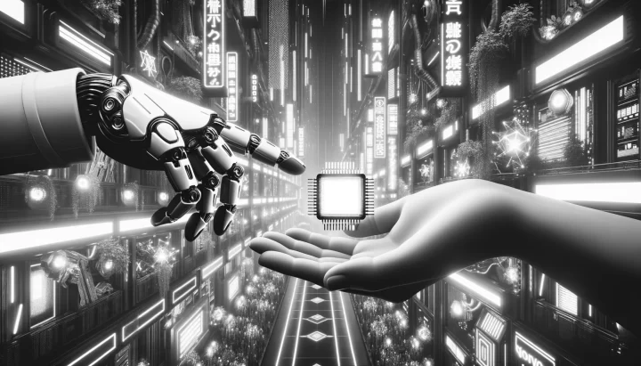 Wide photo in monochrome capturing a cyberpunk-themed setting. Anime-styled hands are seen in the foreground, one handing over a glowing microchip to the other, symbolizing the potential acquisition of an AI company. Neon lights and futuristic elements accentuate the scene.