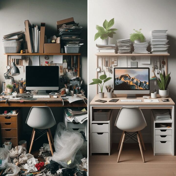 Side-by-side images of a workspace transformation. The first image showcases a disorderly desk, filled with unnecessary items, messy papers, and a dusty computer screen. The second image presents the same desk but tidied up: a minimalist setup with only essential items, organized paper stacks, a clean computer screen, and a plant for a touch of greenery.