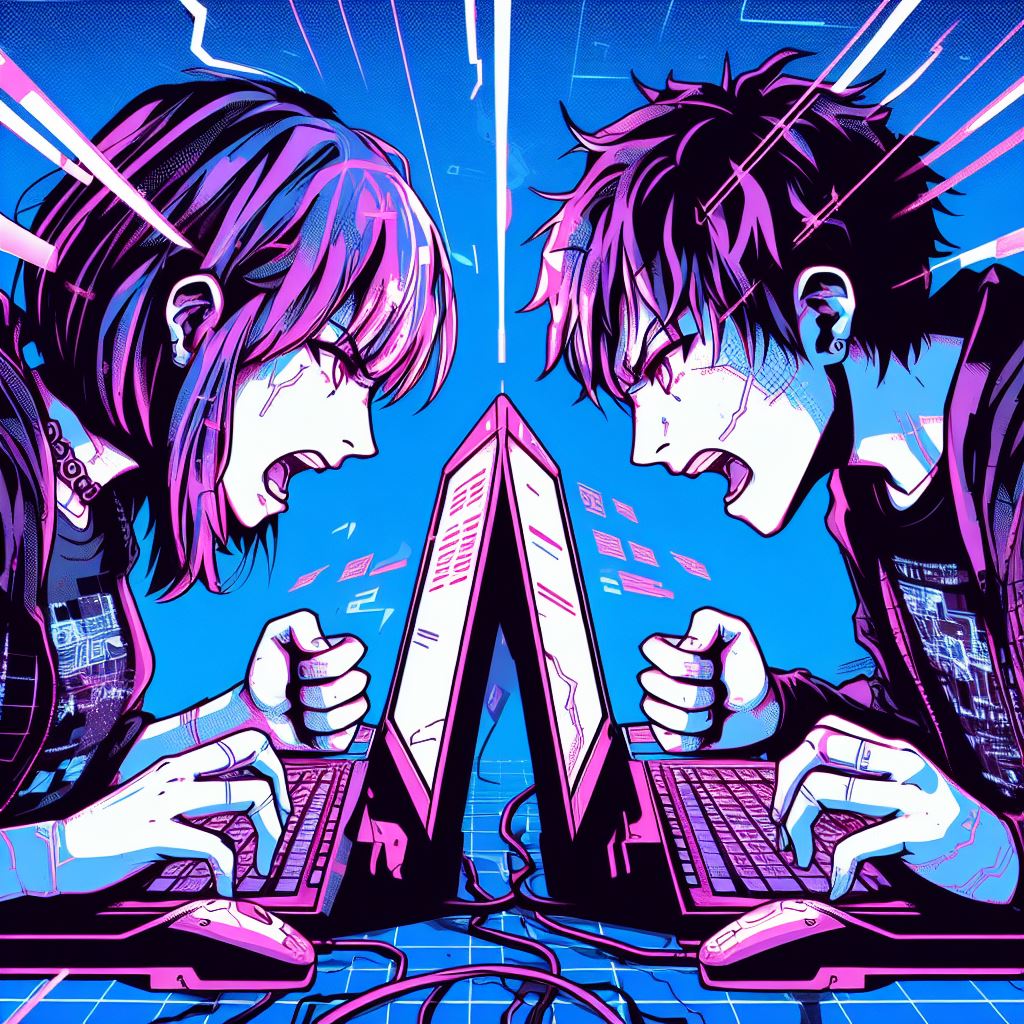 Two people having a heated online political debate, with angry/frustrated expressions. Online political discourse often leads to conflict instead of constructive dialogue.