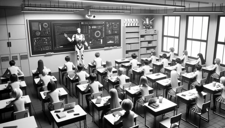 Wide render in monochrome capturing a classroom scene filled with a mix of cyberpunk and anime aesthetics. A robot with human-like features teaches at the blackboard while students of various descents and genders, designed in anime style, sit at their desks or tables, engaged in the lesson.
