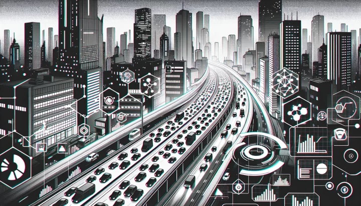 Wide illustration of a monochrome, cyberpunk-themed cityscape filled with vehicles. Anime-styled data analysis graphics overlay the traffic, with neon lines and symbols representing data insights, symbolizing a technological initiative to enhance urban flow.