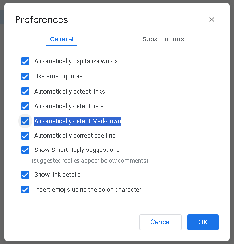 Screenshot showing how to activate Markdown in Google Docs