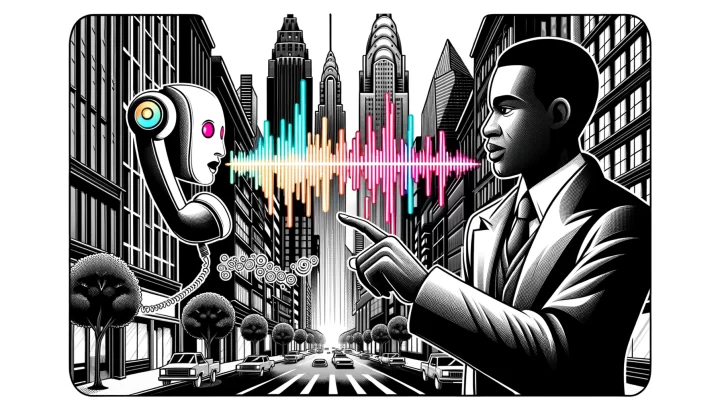 Drawing of a city scene where a male politician of African descent is interacting with a phone that emits bright colored sound waves, symbolizing robocalls. The design combines monochrome tones with a bold color accent, blending cyberpunk and anime elements.