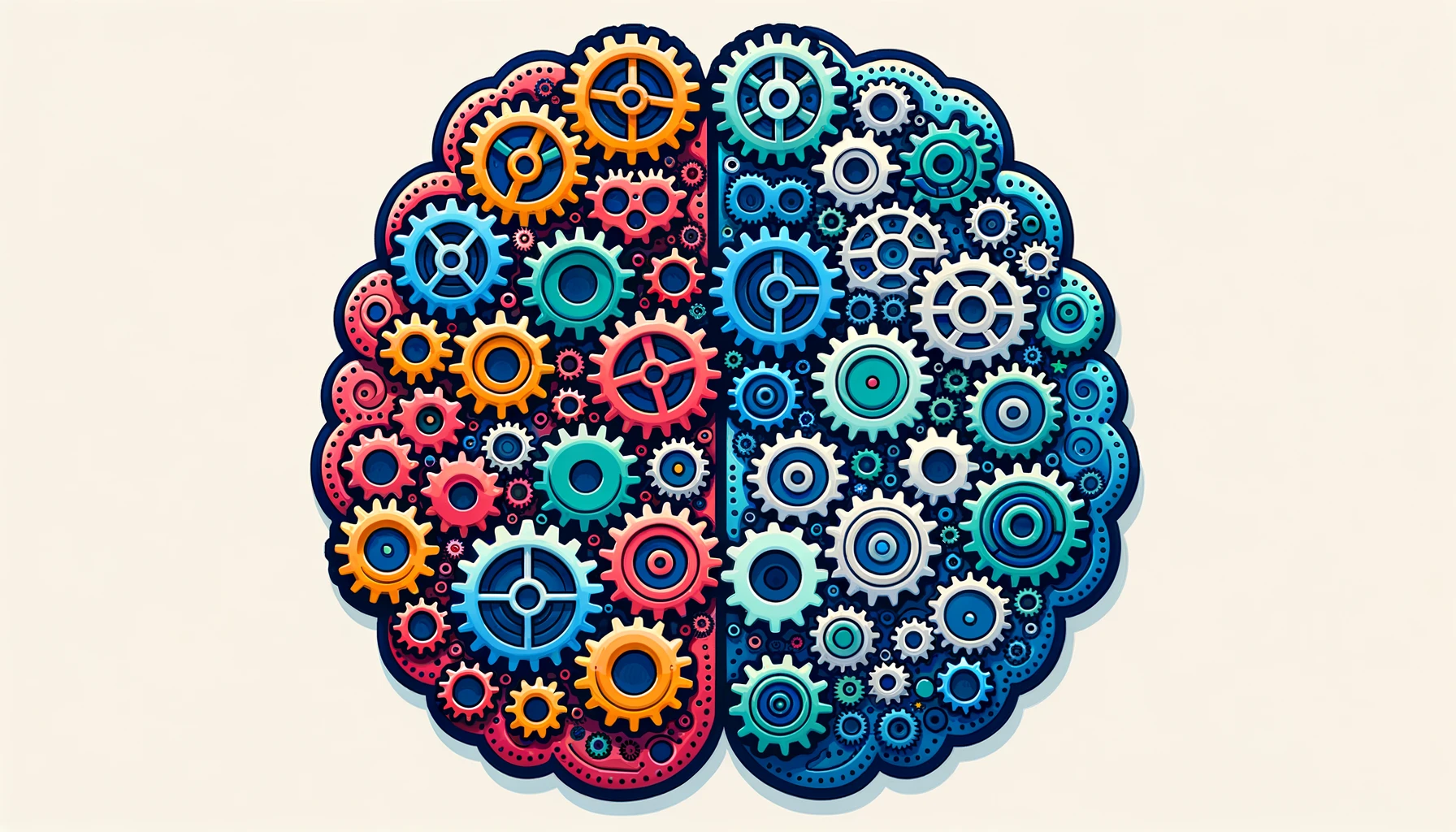 Illustration of a brain made of gears, with half of it colored in corporate blue shades representing 'work' and the other half in vibrant colors representing 'personal life'. The gears mesh seamlessly, symbolizing the balance between work and personal life.