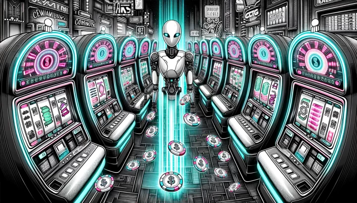 Drawing in 16:9 ratio depicting a casino environment where AI-themed slot machines are the center of attraction. Digital tokens with neon glows are seen descending into the machines. The design fuses the monochrome tones of Sin City with a striking color accent and elements from both cyberpunk and anime styles.
