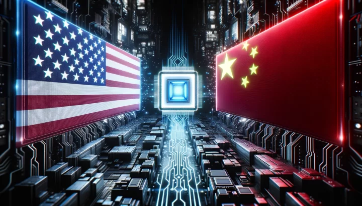 Wide photo-style image in 16:9 ratio of a digital realm where the American and Chinese flags float as holograms, each with a shining semiconductor chip at their center. The environment is dark and monochrome, punctuated by neon cyberpunk elements and anime-inspired digital creatures, emphasizing the theme of technological tension.