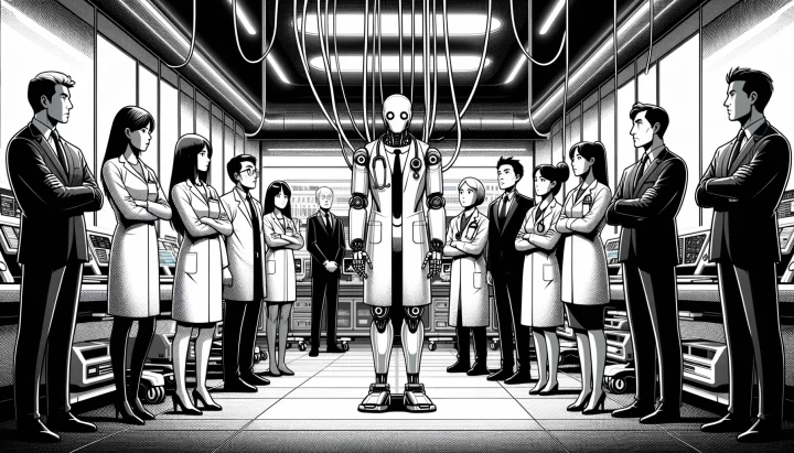 Wide illustration in 16:9 ratio set in a futuristic hospital room, where a group of diverse adults, both men and women of various ethnicities, stand skeptically observing a robot doctor. The environment combines the monochrome style of Sin City, highlighted by neon equipment typical of cyberpunk, with characters designed in an anime-inspired fashion, emphasizing the theme of AI confidence gap in healthcare.