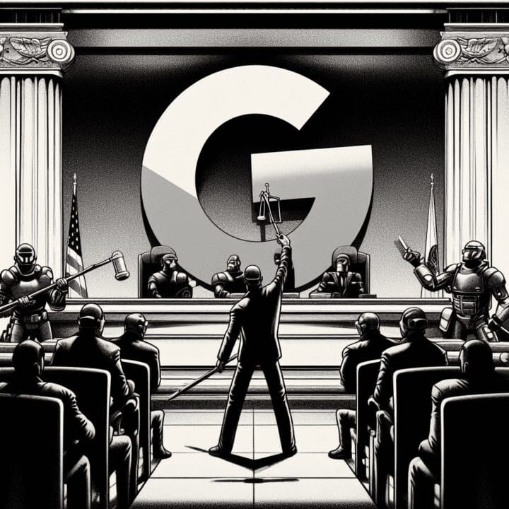 An image representing a legal battle scene with Google's logo and a court. Use a combined style of Sin City (monochrome with accent), cyberpunk, and anime art styles and 16:9 ratio.