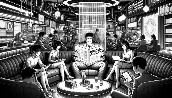 16:9 ratio drawing set in a modern lounge. Among a group of diverse individuals, one person intently reads 'Hidden AI Daily' on their holographic device, surrounded by high-tech equipment and neon-lit ambiance. The characters and environment fuse Sin City's monochrome aesthetic, cyberpunk elements, and anime-inspired design.