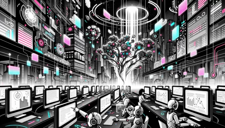 Illustration depicting a virtual cyberpunk universe, dominated by a monochrome palette reminiscent of Sin City. Bright neon colors occasionally break the grayscale monotony. Anime-inspired AI robots are engrossed in their learning tasks, engaging with floating holographic screens and digital data streams.