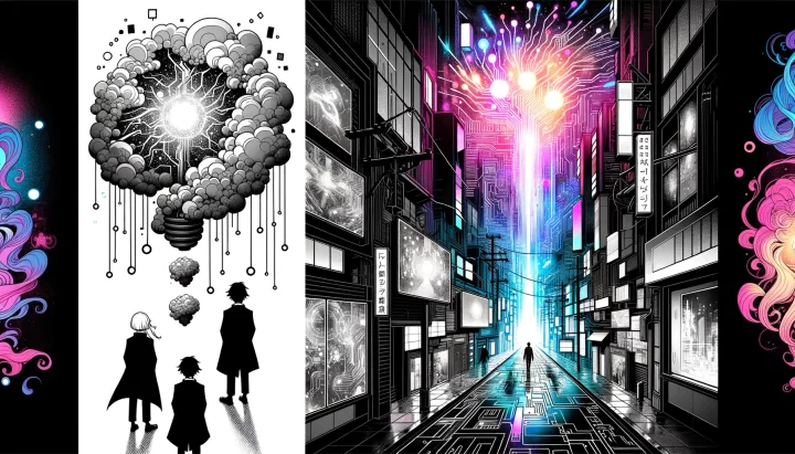Illustration set in a monochrome palette with splashes of neon color, symbolizing the journey from an abstract thought bubble, representing an idea, to a vibrant digital image on a holographic screen. The background is infused with a cyberpunk vibe, filled with digital circuits and neon-lit alleyways. Anime-style characters observe the transformation with awe and intrigue.
