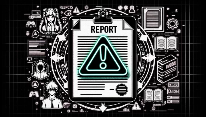 Illustration in a monochrome palette with neon accents, depicting a report paper prominently displayed. A cautionary sign, glowing in neon, is superimposed over the report. The background is filled with digital learning symbols like holographic books, anime-styled avatars in virtual classrooms, and futuristic, cyberpunk-inspired digital devices.