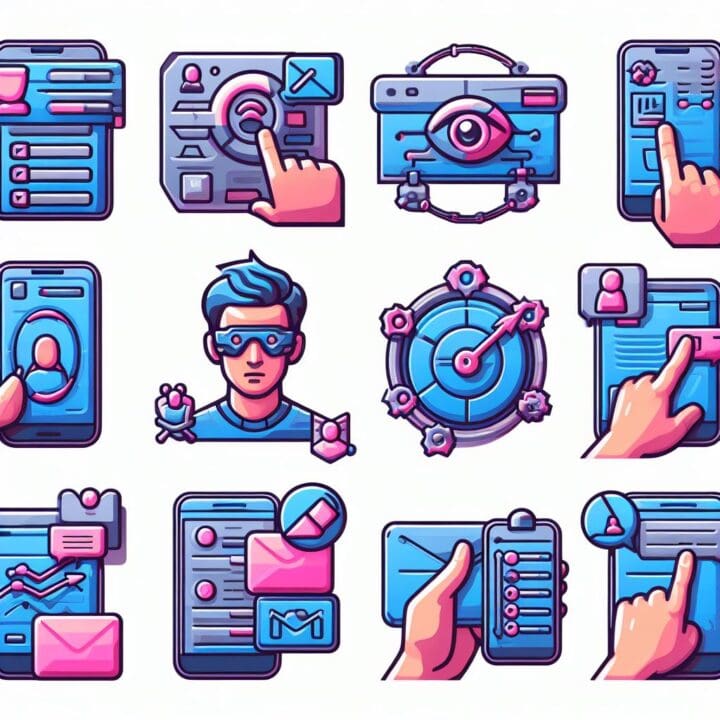 Icons of various personal CRM tool features such as contact segmentation, email integration, and activity tracking.