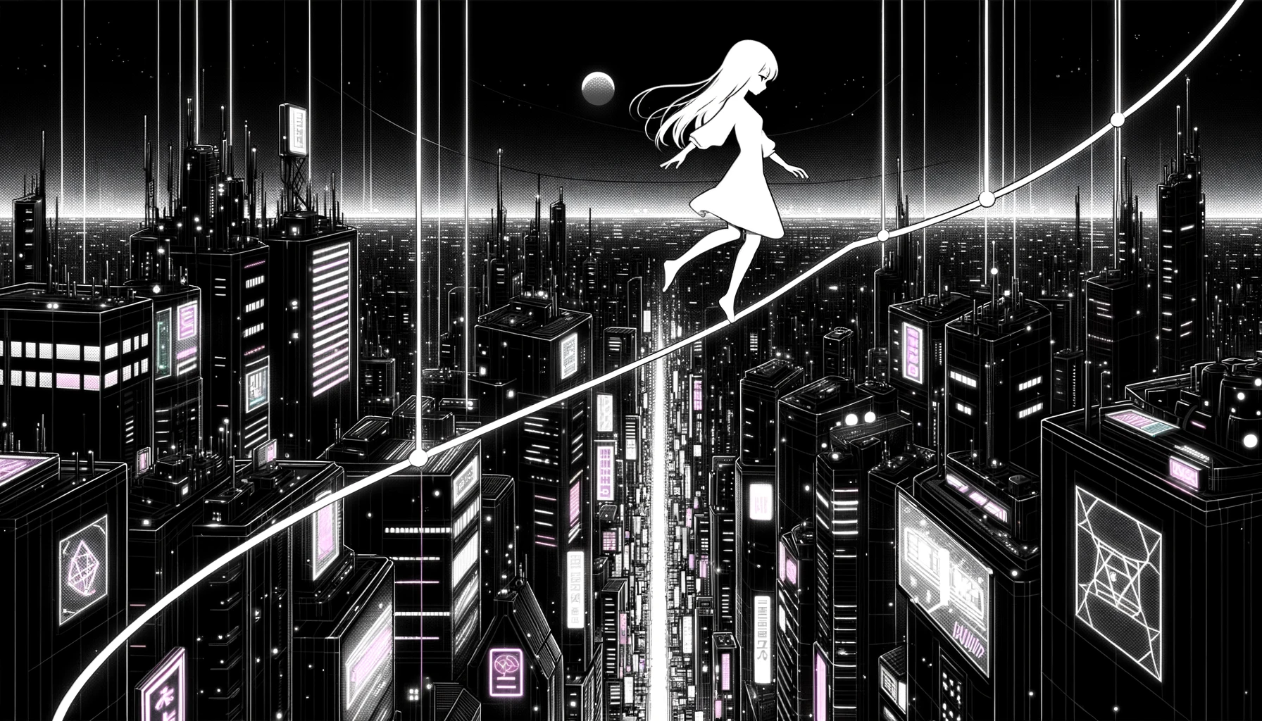 Illustration in a monochrome palette with neon highlights, depicting an anime-styled character delicately walking a tightrope above a cyberpunk cityscape. The tightrope symbolizes balance, while the vast city below represents the vulnerability and trust required to maintain stability. Neon-lit billboards and holographic displays add to the ambiance.