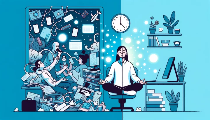 Illustration - A split scene. On the left, a person sitting in a cluttered, noisy environment, looking stressed and surrounded by distractions like buzzing phones, loud coworkers, and numerous browser tabs open. On the right, the same person sits in a serene, organized space, practicing deep breathing with a soft glow around them, indicating a state of mindfulness. Above them, a clock is divided with time-blocking techniques, and a calming blue color palette dominates the right side.