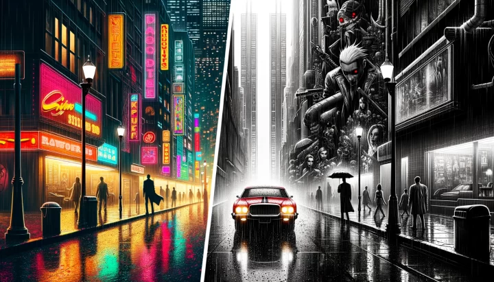 A wide image divided in the middle. On the left, a realistic rainy city street with reflections on the wet pavement. On the right, the same scene artistically reimagined with a Sin City-inspired monochrome palette with splashes of vibrant color. Both versions embrace cyberpunk motifs, showing cybernetic individuals and high-tech gadgets amidst the rain.
