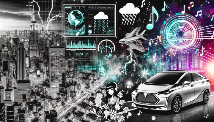 A wide, artistically blended collage. On the far left, a navigation interface is displayed with holographic maps and directions. Next to it, animated weather models predict rain and storms, with lightning accents. The right side shows a self-driving car with advanced tech features moving in a cityscape. Beside the car, musical notes dance in the air, with anime-style characters playing and enjoying the music. The Sin City monochrome aesthetic is enriched with cyberpunk neon glows throughout.