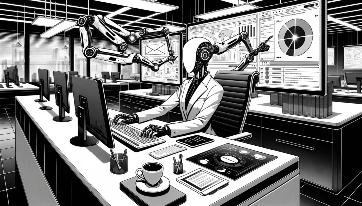 Illustration (Wide 1792x1024): Set in a monochrome office with high-tech, cyberpunk-inspired equipment, an anime-styled AI assistant, symbolizing Microsoft 365 Copilot, is multitasking. The AI, highlighted in a single bright color akin to Sin City style, is seen drafting an intricate email, constructing a dynamic presentation slide, and transcribing a recent meeting's key points.
