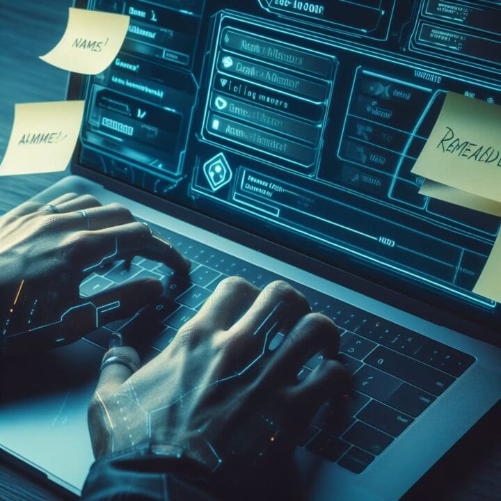 Close-up of a person's hands typing on a laptop with post-it notes around showing names and reminders. The CRM interface on the laptop screen displays a reminder/alert notification.