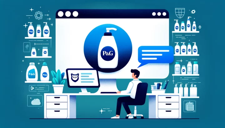 Illustration (Wide 1792x1024): A digital workspace with an employee interacting with a chat interface labeled 'chatPG'. The Procter & Gamble logo is displayed above. The chatbot provides assistance, answering a question about a P&G product. The backdrop subtly shows various P&G products.