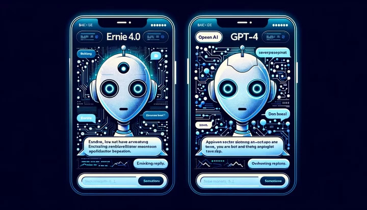 Illustration (Wide 1792x1024): Side-by-side comparison of two chatbot interfaces. On the left, it's labeled 'ERNIE 4.0' with Baidu's logo, showcasing a sophisticated reply. On the right, it's labeled 'GPT-4' with OpenAI's logo, also displaying a high-level response. The background features a digital neural network emphasizing AI.