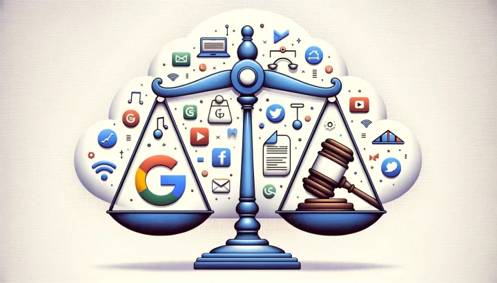 Illustration (Wide 1792x1024): A justice scale in equilibrium. On the left plate, a stylized Google logo is prominently displayed. On the right plate, a document with a gavel or legal emblem signifies a 'lawsuit'. In the background, faint and dispersed, are icons of various social media platforms, representing sources of content. Hovering above the scale, a digital cloud receives data streams, symbolizing AI training and data ingestion.