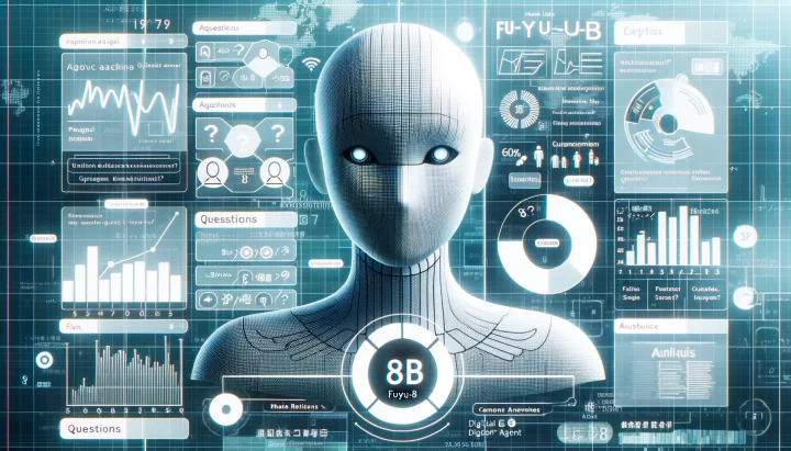 Illustration of the Fuyu-8B logo placed next to a digital agent avatar. The background showcases varying image resolutions with some faded graphs containing questions and answers, representing the model's capabilities.