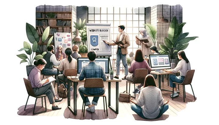 Watercolor Painting - A diverse group of people in a workshop setting. They are engaged in various activities: one person is jotting down notes from a "Tips for Focus" presentation, another is setting up a website blocker on their computer, and someone is practicing meditation in a quiet corner. The ambiance is of collaboration and learning, with plants around the room and soft lighting, emphasizing a calm and productive environment.