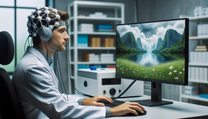 Photo of a scientist in a lab, wearing a brain-monitoring headset connected to a computer. Beside the scientist, a computer screen displays a reconstructed image of a serene landscape, representing the brain's visualized thoughts.