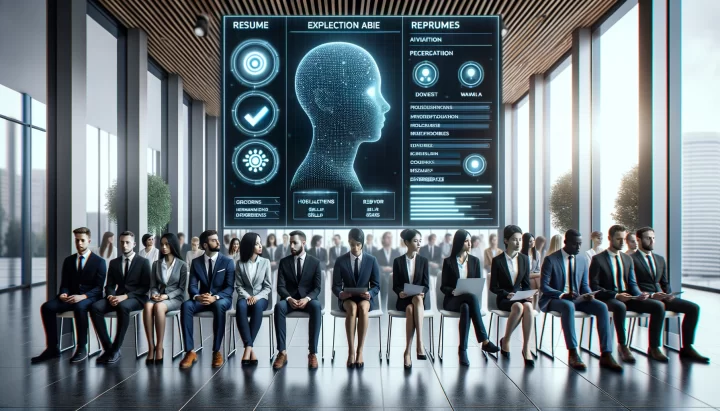 Photo of a diverse group of individuals, both male and female of various descents, waiting in a modern office lobby for interviews. In the background, a large digital screen displays an AI interface, actively analyzing a resume and highlighting relevant skills and experiences. Hidden AI News Daily