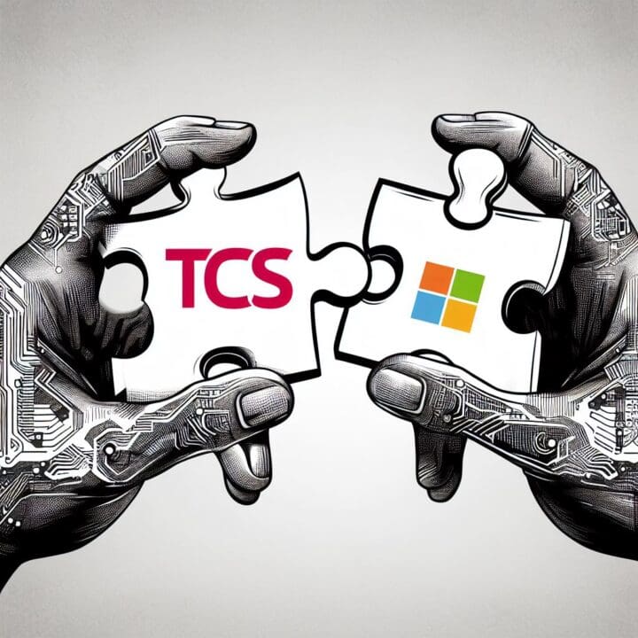Two hands joining puzzle pieces together with the logos of TCS and Microsoft on the pieces. Use the combined style of Sin City (monochrome AI), cyberpunk, and anime and a 16:9 ratio.