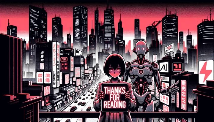 Wide illustration in a combined style of Sin City (monochrome with red accent), cyberpunk, and anime art. Depicting a futuristic cityscape at twilight with neon lights and AI robots. In the foreground, an anime-styled character holds a digital tablet displaying 'Thanks for Reading' in neon letters, with the backdrop of the city behind.