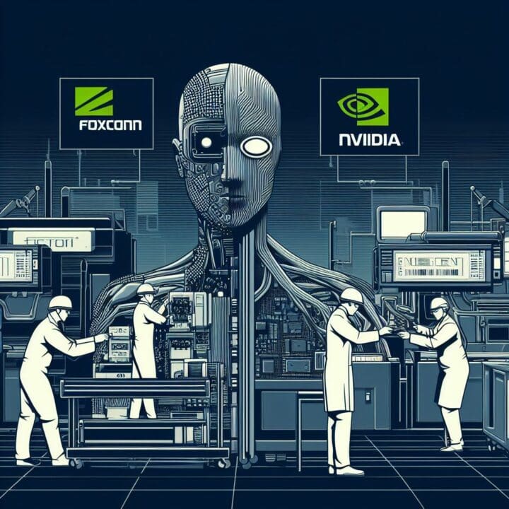 An image representing the partnership between Foxconn and Nvidia showing an assembly line manufacturing AI tech. Include the Foxconn and Nvidia Use a combined style of Sin City (monochrome with accent), cyberpunk, and anime art styles and 16:9 ratio.