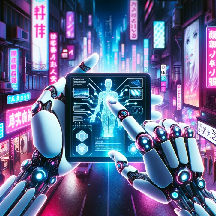 Anime-style hands with cybernetic enhancements using a transparent tablet with a holographic CRM interface. The backdrop is a neon-lit cyberpunk city, and the aesthetics are inspired by Sin City.