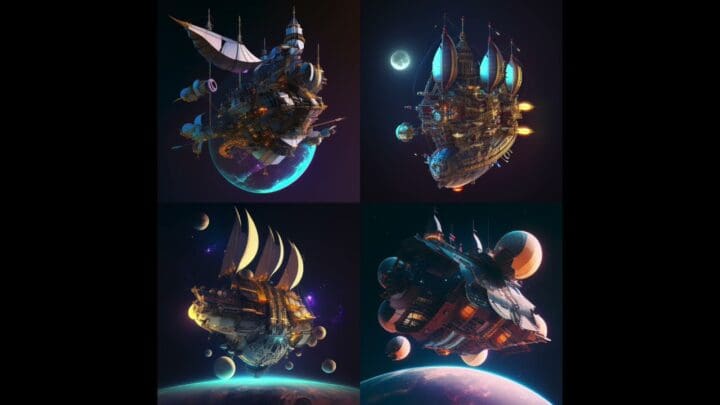 AI Painted This #6: Exploring the Artistic Capabilities of Generative AI A collage of four fantastical floating ships, each uniquely designed with intricate details and surrounded by celestial bodies against a starry sky.