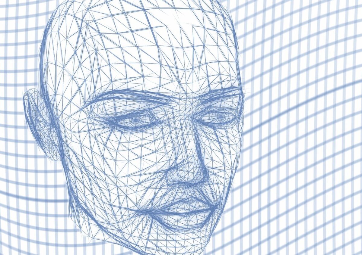 AI Painted This #6: Exploring the Artistic Capabilities of Generative AI Digital wireframe illustration of a male face, composed of interconnected blue lines against a light checkered background using Generative AI.