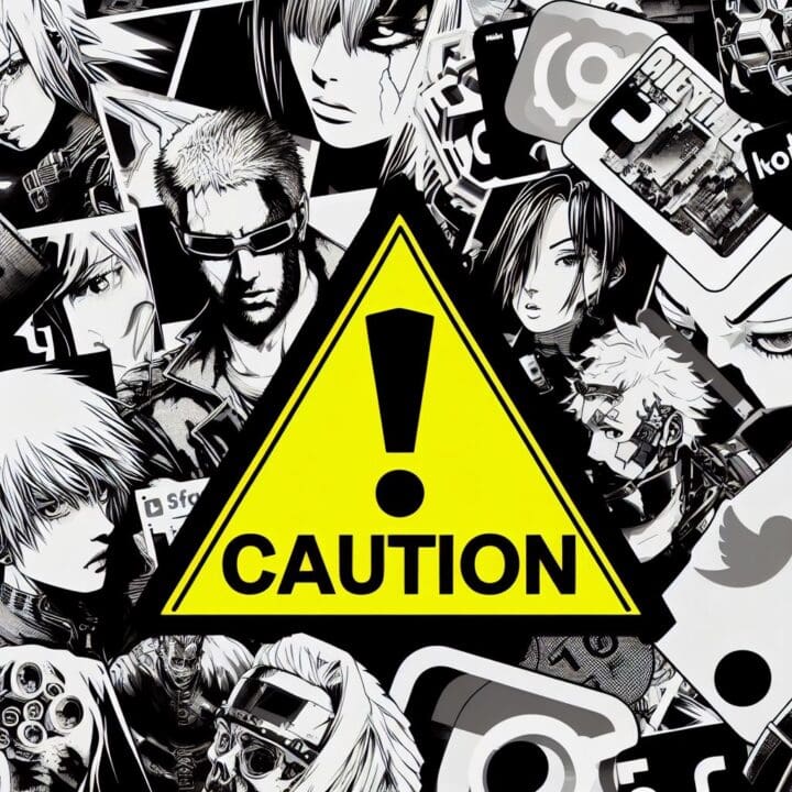 A collage of social media users with a caution sign overlaying them. Use a combined style of Sin City (monochrome with accent), cyberpunk, and anime art styles