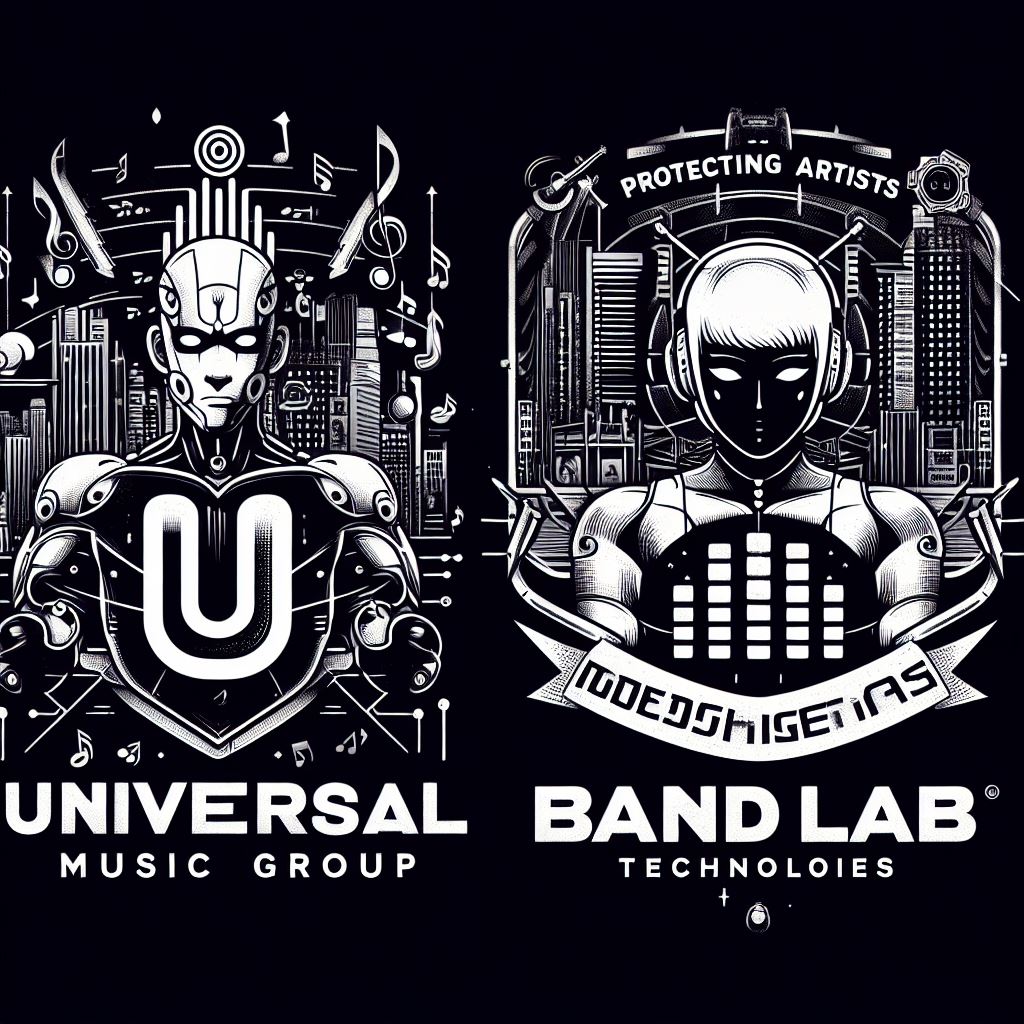Logos of Universal Music Group and BandLab Technologies together, surrounded by music notes and AI symbols. Words on Image: "Protecting Artists in the AI Age".
