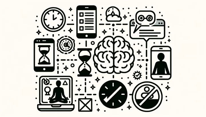 Vector - A collection of icons representing various aspects of the blog post. Icons include a brain representing internal distractions, a smartphone with multiple notifications symbolizing digital distractions, an hourglass for time management, a meditating silhouette for mindfulness, and a blocked website icon. Each icon is connected with dashed lines, forming a network of interconnected strategies for managing distractions.